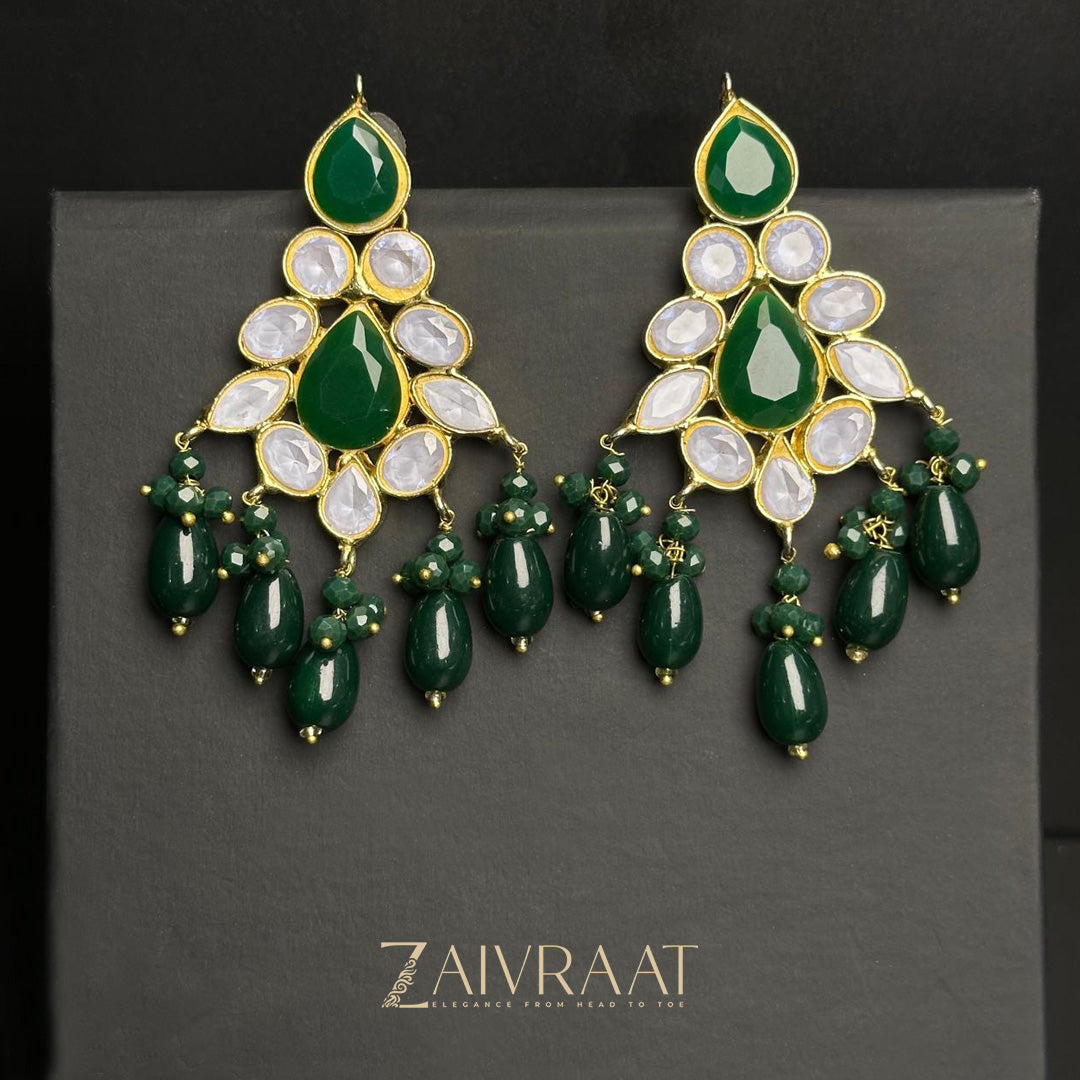 Gold - Plated Kundan Earrings ( Green)