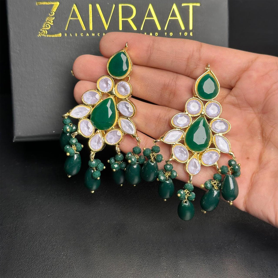 Gold - Plated Kundan Earrings ( Green)