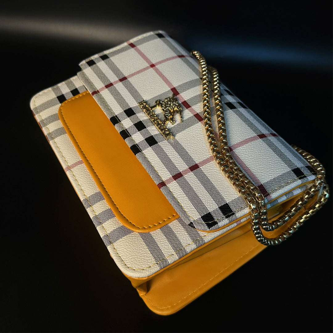 Stylish Plaid Handbag with Gold Chain