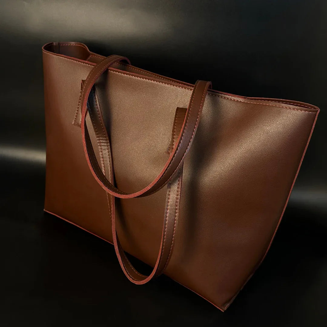 Classic Brown Faux Leather Tote Bag - Zaivraat
