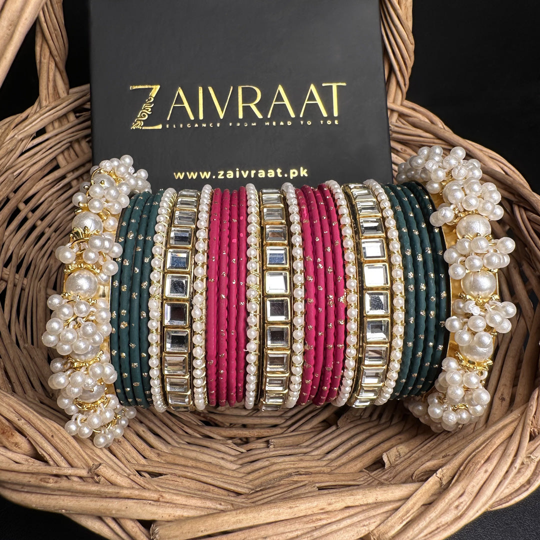 Bold Pink & Dark Green Bangle Set