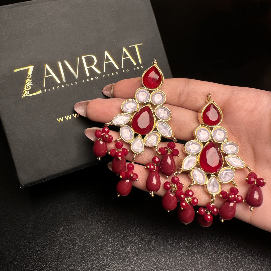 Gold - Plated Kundan Earrings ( Maroon)