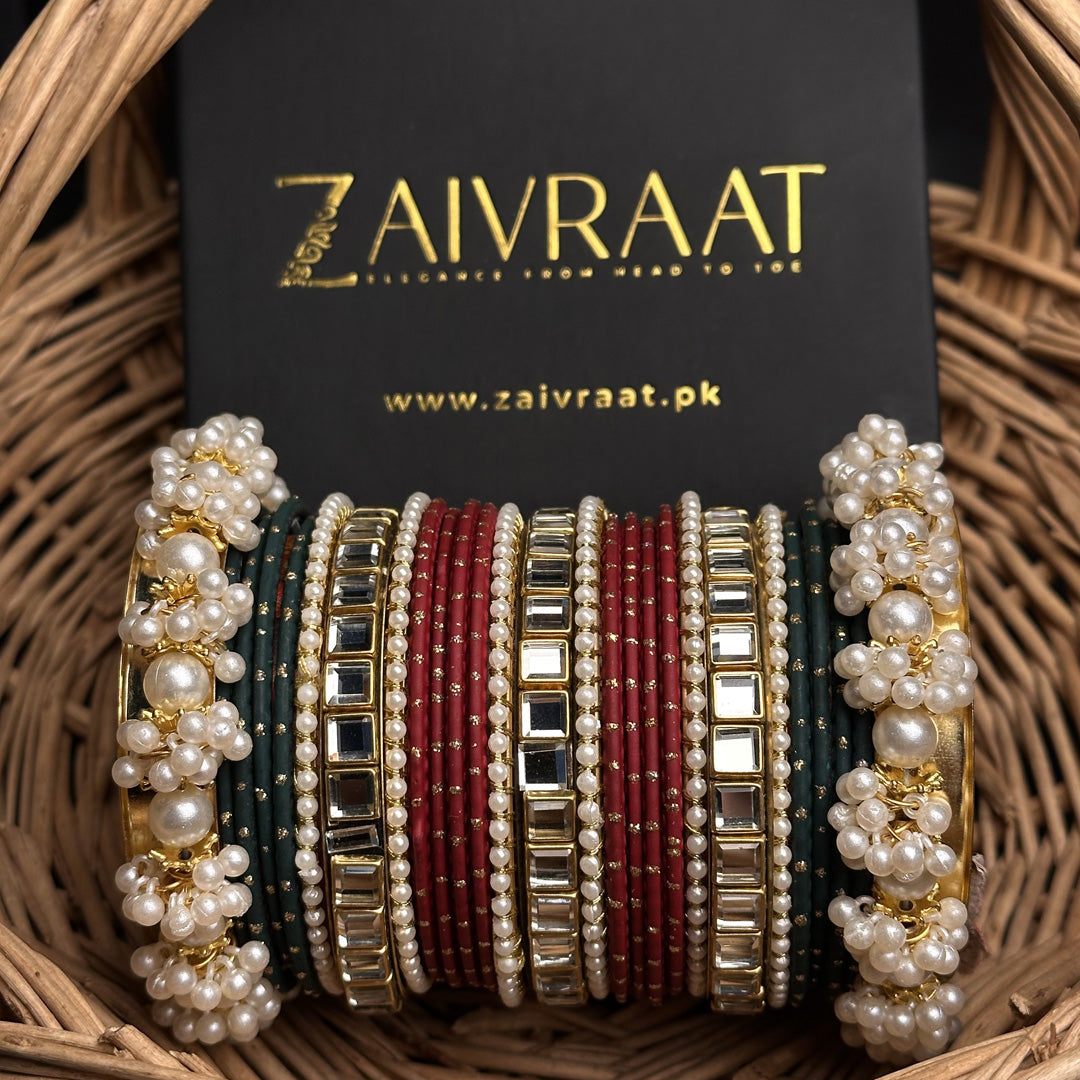 Royal  Green & Maroon Pearl Bangle Set