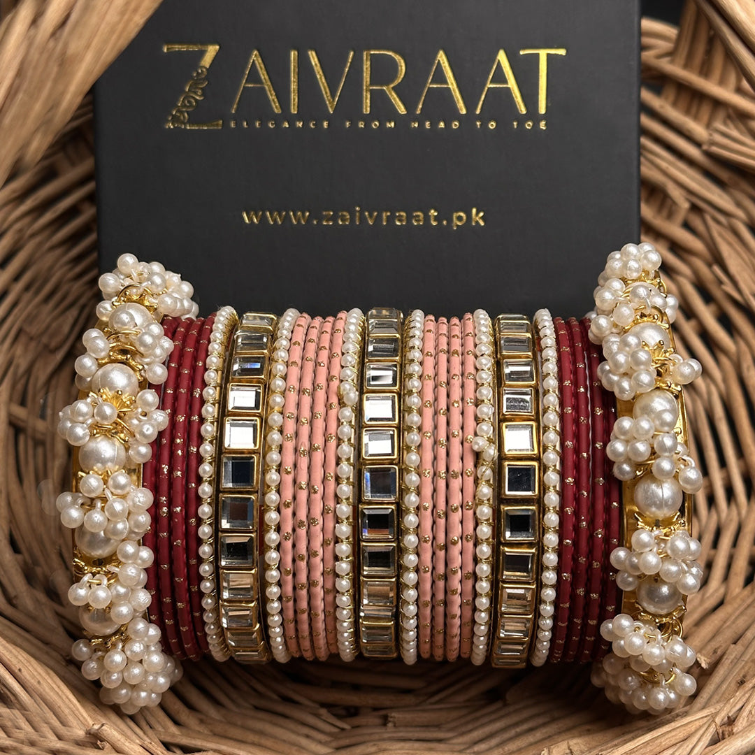 Peachy & Maroon Pearl Bangle Set