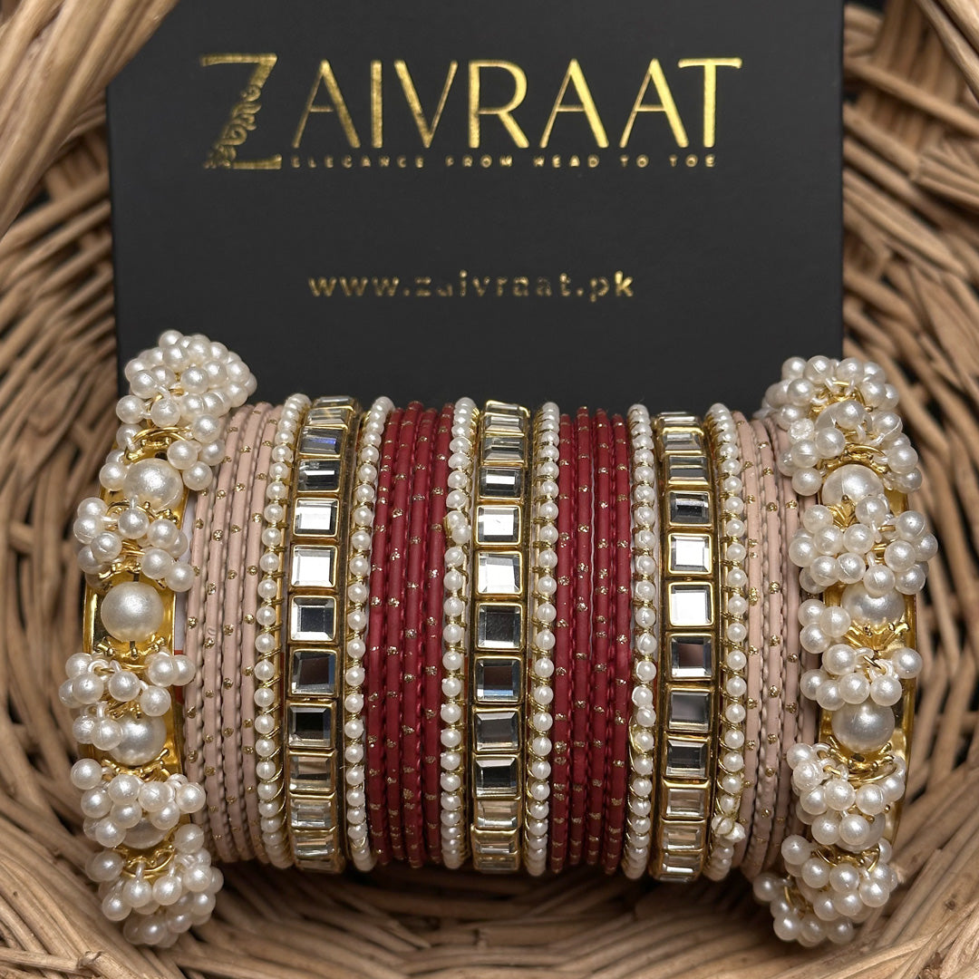 Beige & Maroon Pearl Bangle Set
