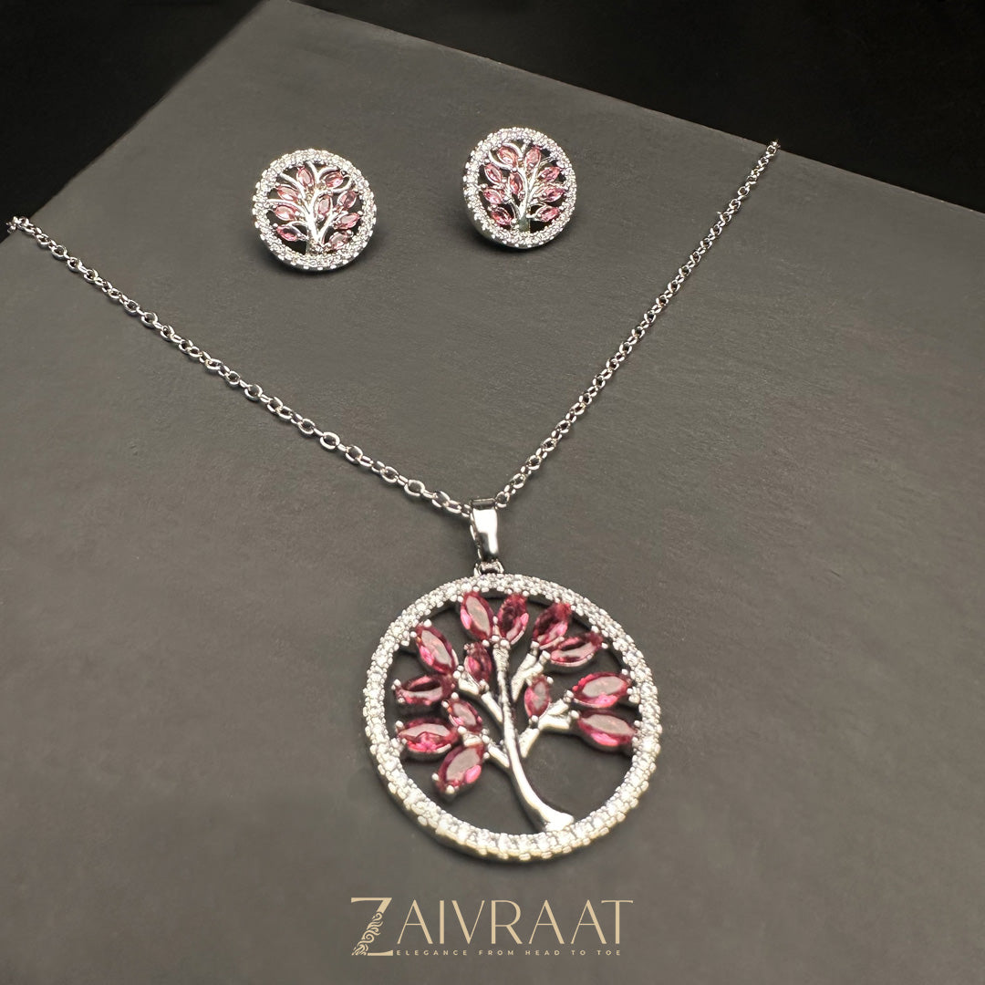Crystal Tree Pink Pendant Set