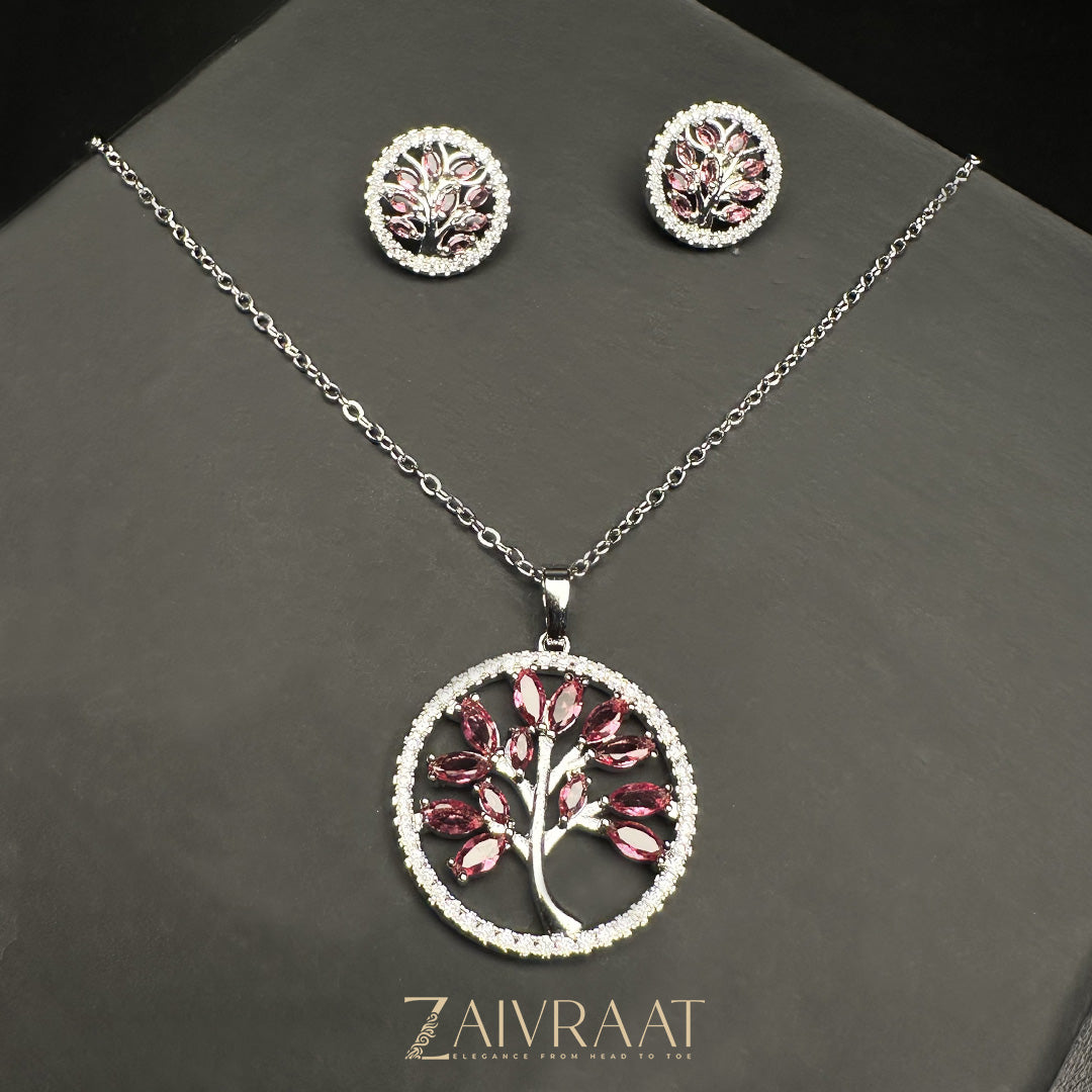 Crystal Tree Pink Pendant Set