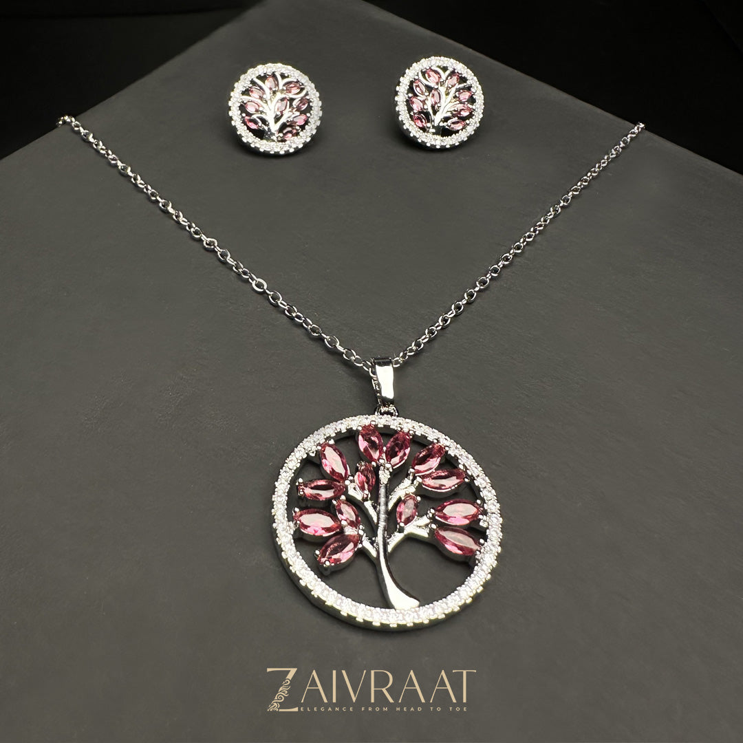 Crystal Tree Pink Pendant Set