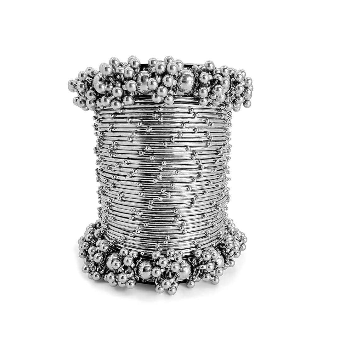  Silver Pearl Luxe Bangle – Double Pearl Row in Rhodium (P08)