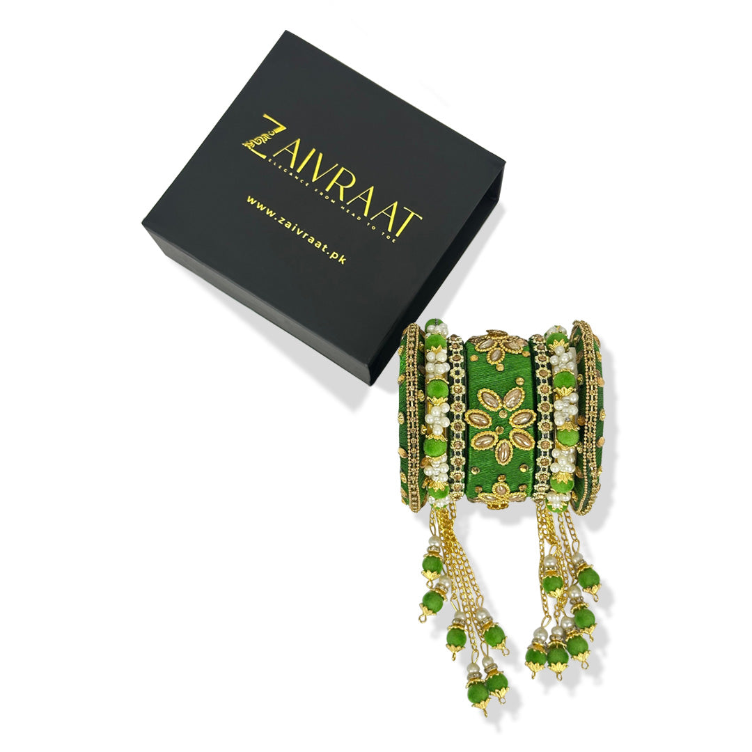 Traditional fancy bridal bangles in Green with gold lace