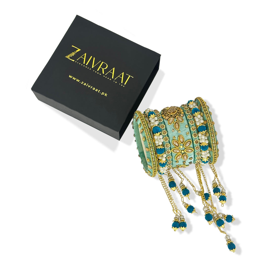 Traditional fancy bridal bangles inteal green with gold lace